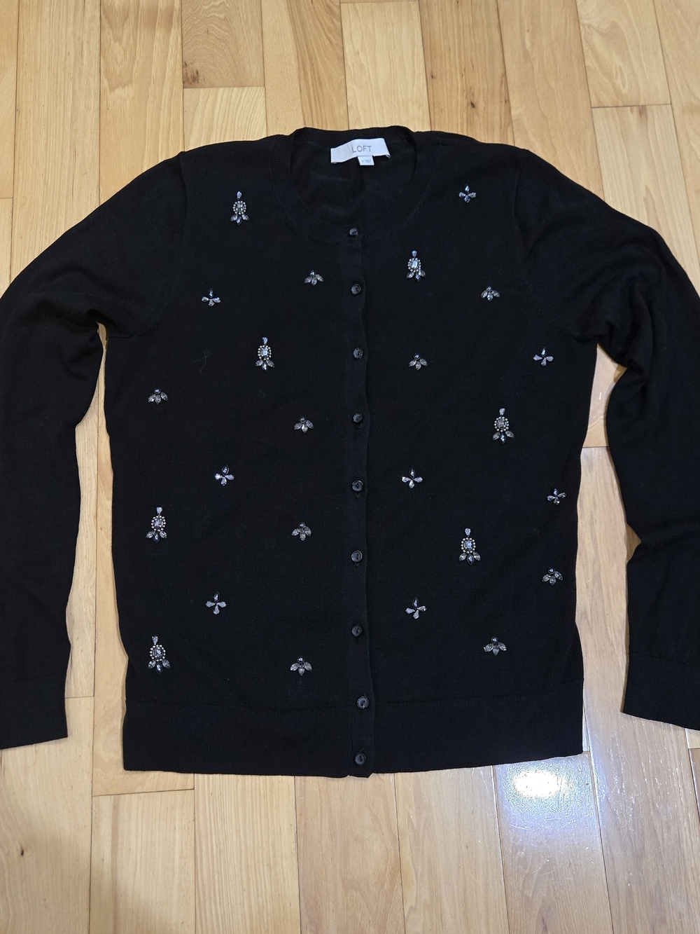 Loft Black Embellished Crewneck Cardigan Sweater